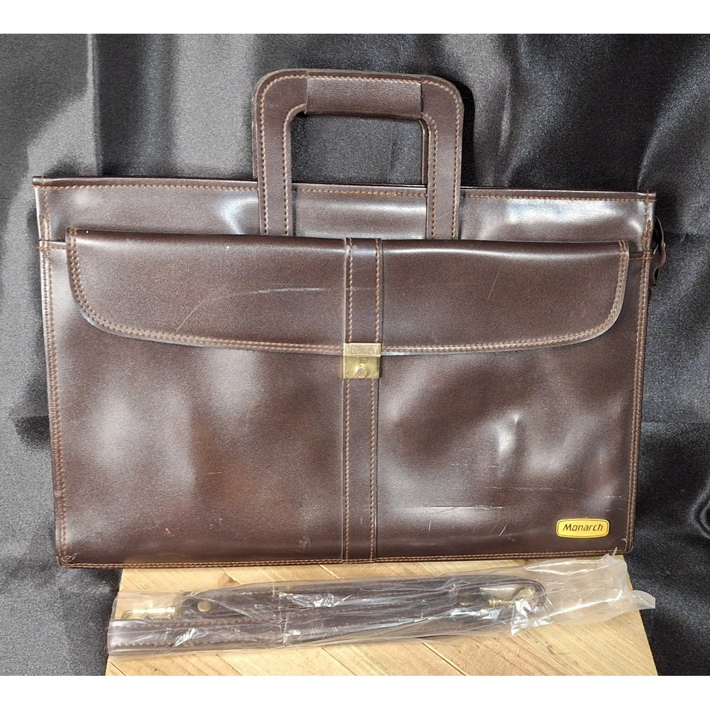 Monarch Vintage Brown Faux Leather Briefcase Slim Attache Bag with Strap